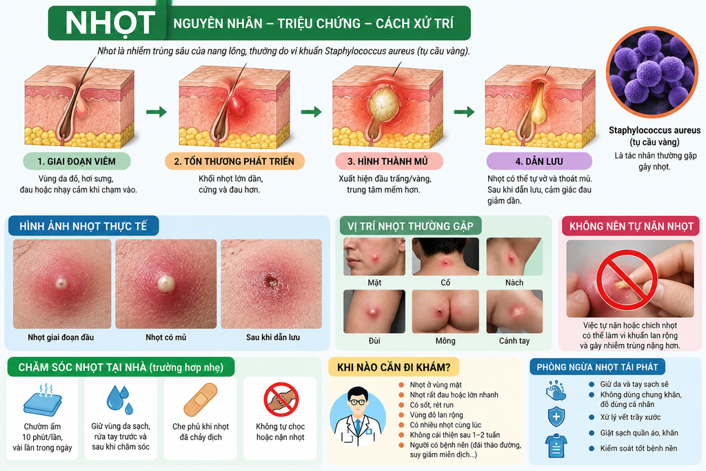Nhọt trên da với vùng sưng đỏ và hình thành mủ