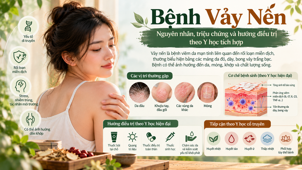 Bệnh vảy nến với các mảng da đỏ dày và bong vảy trắng bạc